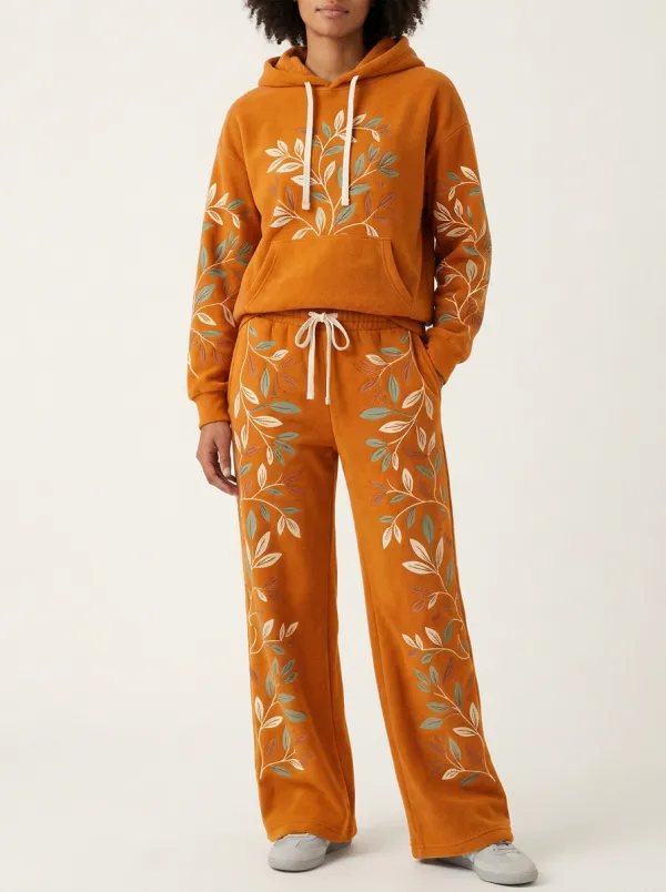 Women's Botanical Print Hoodie And Wide-Leg Lounge Set