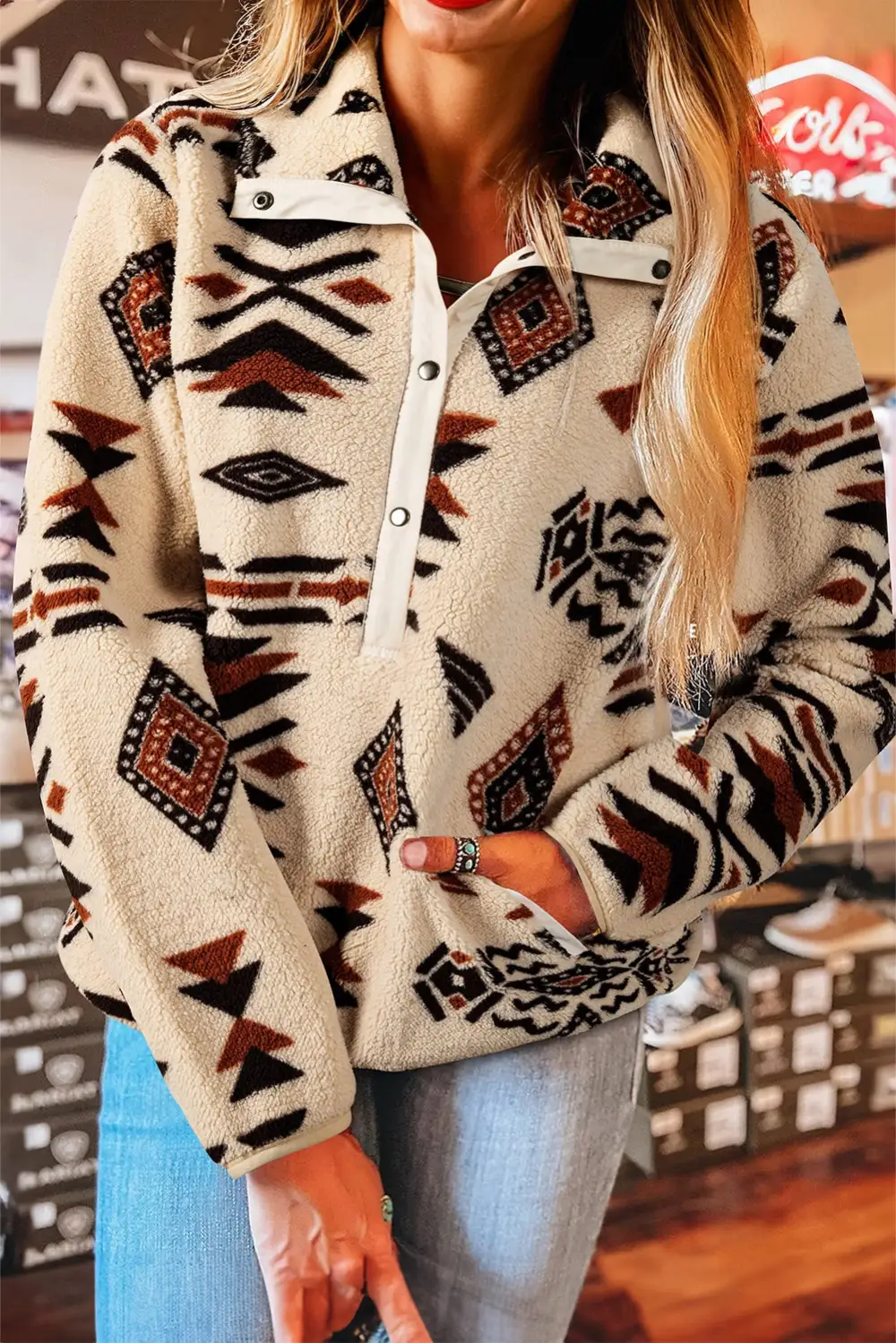Zip Detail Western Inspired Zip Pullover Sweatshirt
