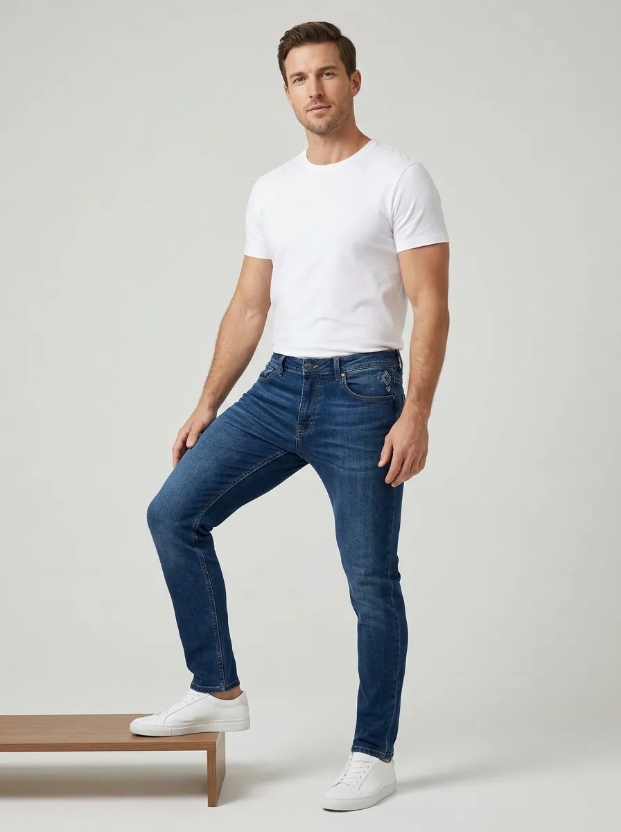 Men's Casual Fashion Slim Fit Washed Blue Stretch Jeans