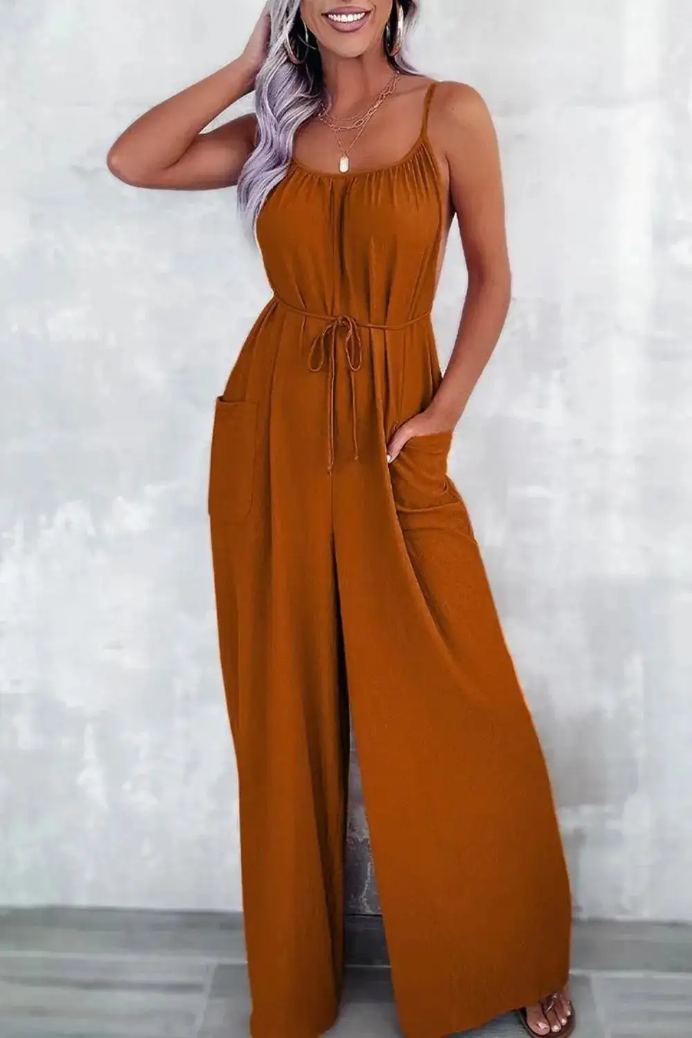 Casual Spaghetti Strap Wide Leg Jumpsuit Accessory