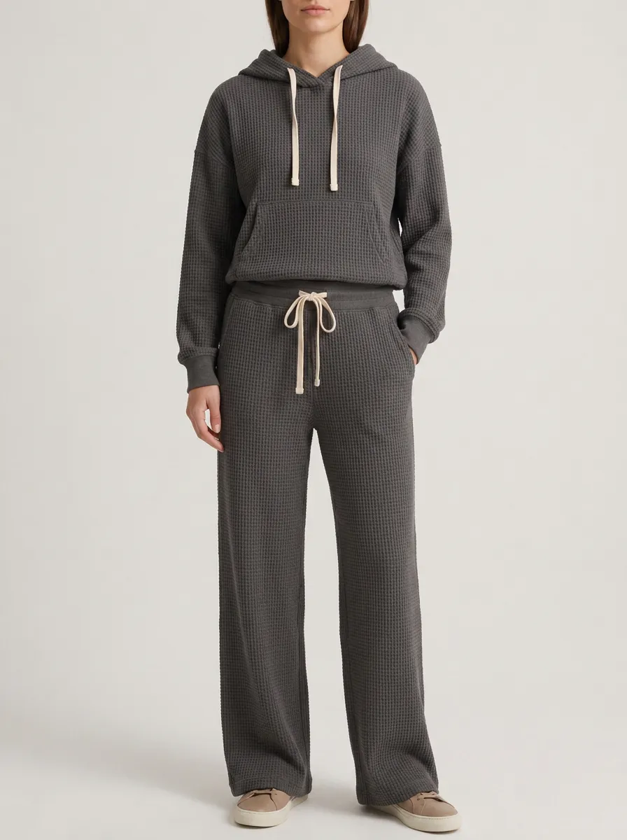 Unisex Waffle Knit Charcoal Grey Drawstring Hooded Top