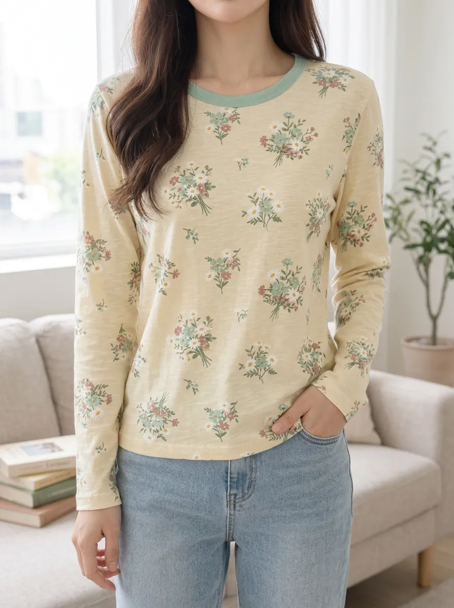 Women's Sweet Style Floral Bouquet Printed Long Sleeve Top