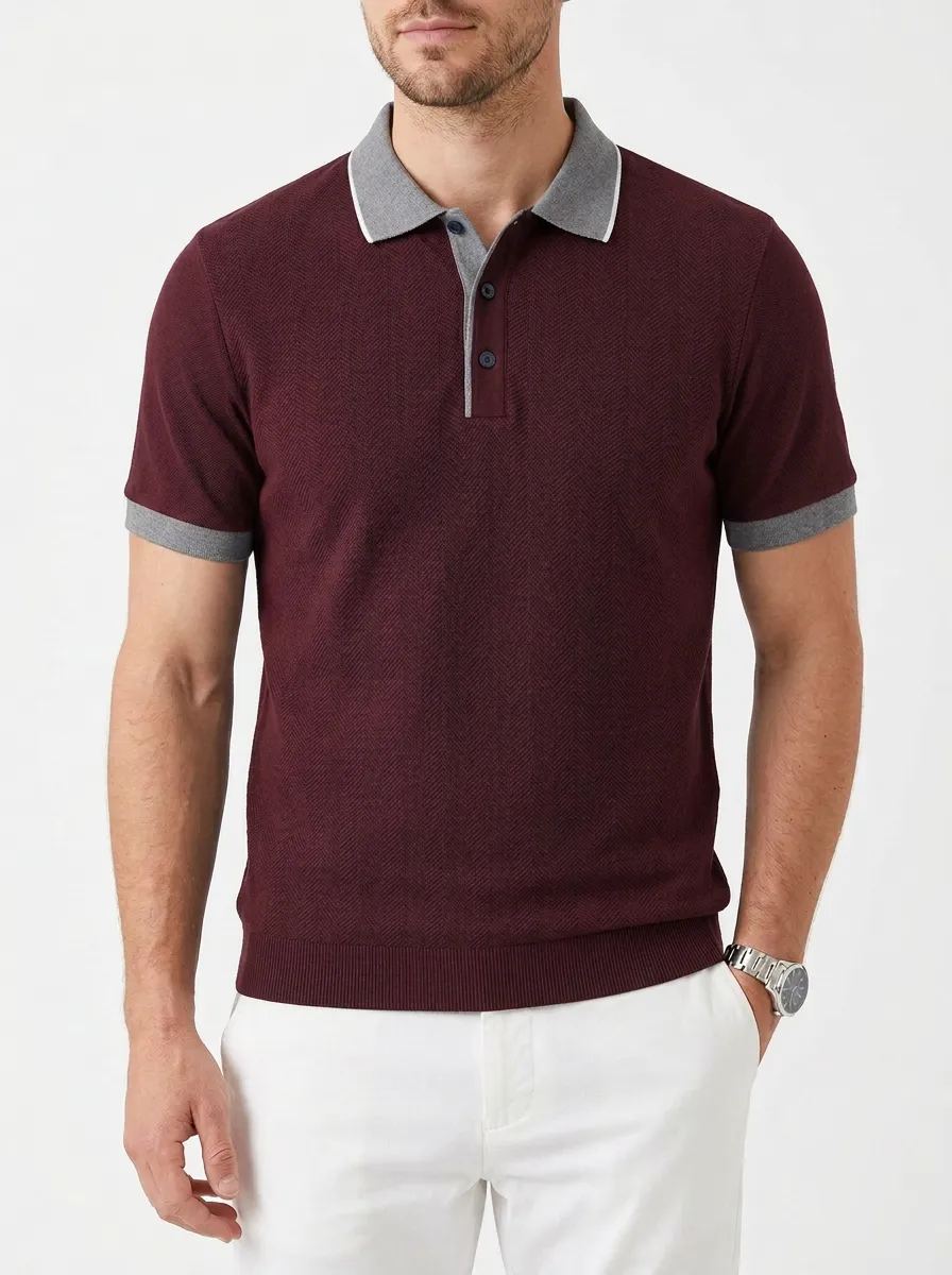 Men's Casual Business Herringbone Pattern Contrast Collar Polo Shirt