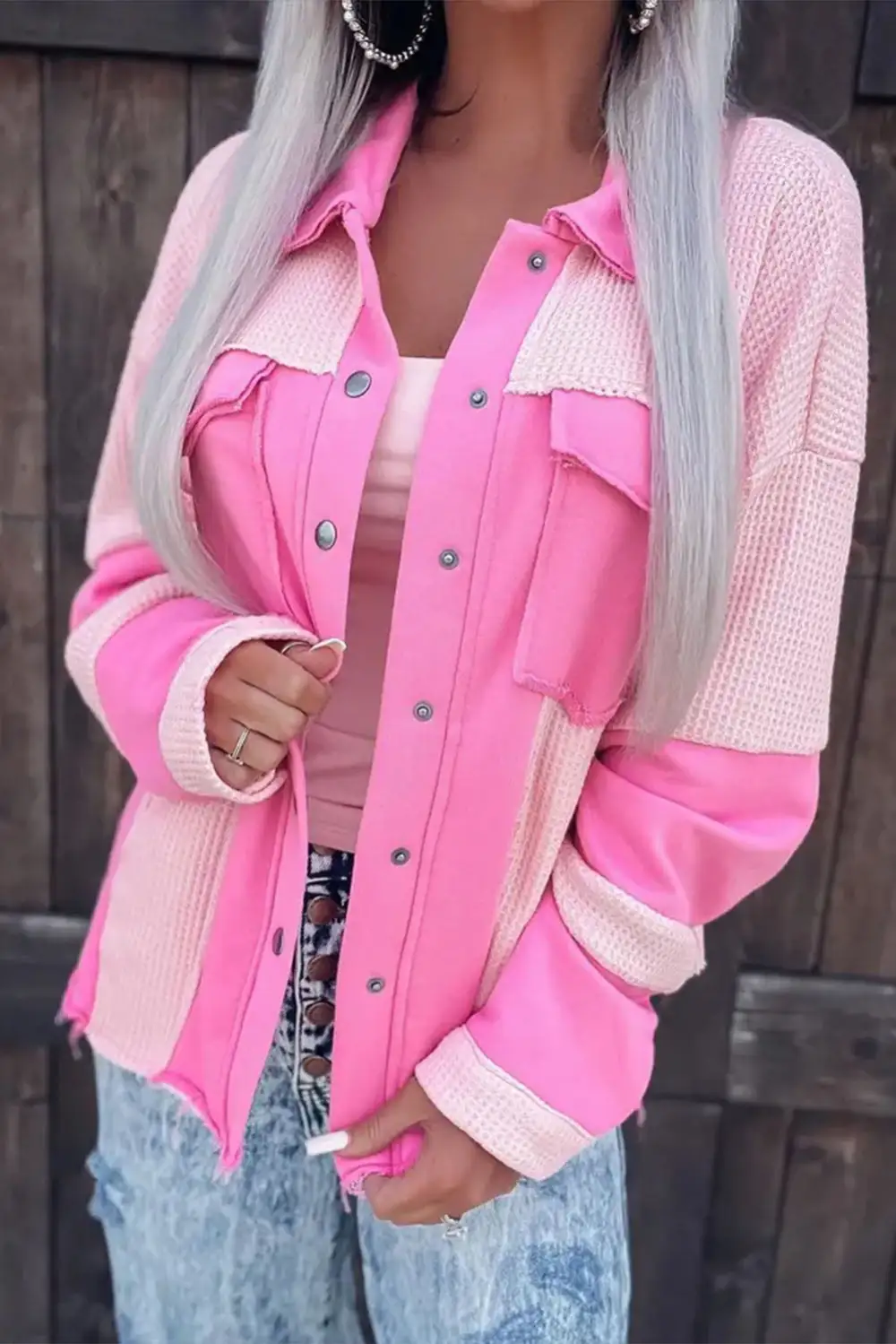 Colorblock Waffle Patchwork Pocket Shirt Jacket
