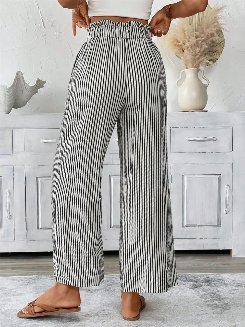 Wide Leg Paperbag Waist Striped Cropped Pants