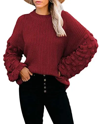 Women's Cute Oversized Crewneck Loose Puff Sleeves Chunky Knit Pullover Sweater