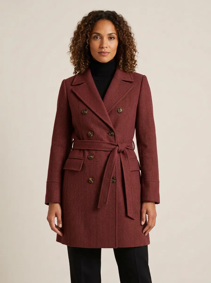 Women's Classic Camel Herringbone Double-Breasted Belted Coat