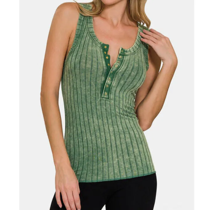 Washed Ribbed Half Snap Henry Tank