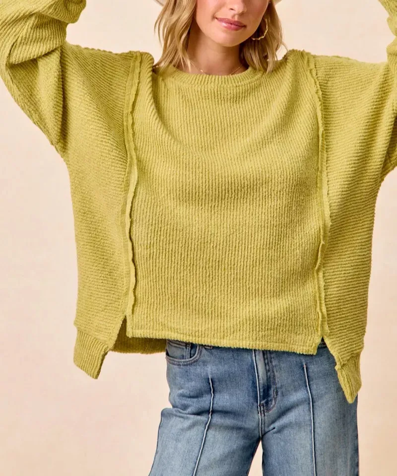Boucle Rib Knit Uneven Hem Sweater with Open Seam