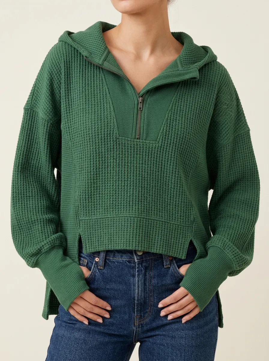 Textured Casual Waffle Knit Quarter Zip Hooded Top