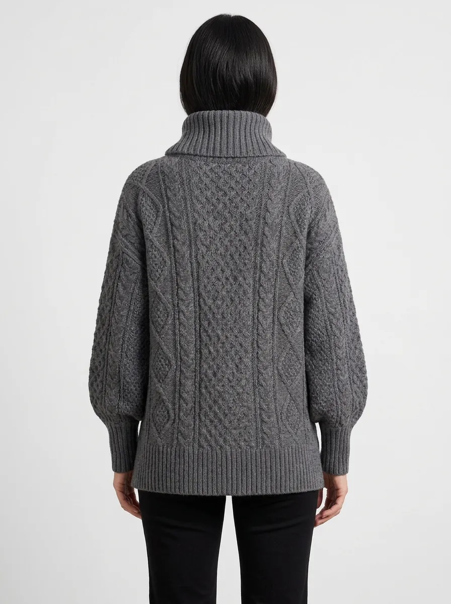 Women's Casual Winter Grey Cable Knit Patterned Turtleneck Sweater