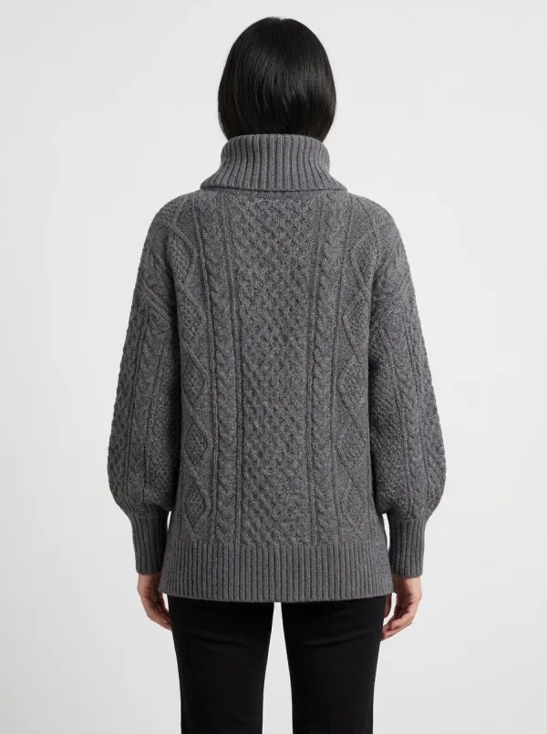 Women's Casual Winter Grey Cable Knit Patterned Turtleneck Sweater