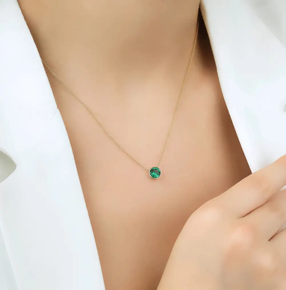 Dainty Bezel Set Solitaire Emerald Necklace