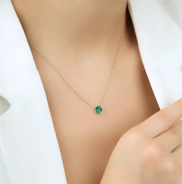 Dainty Bezel Set Emerald Solitaire Necklace