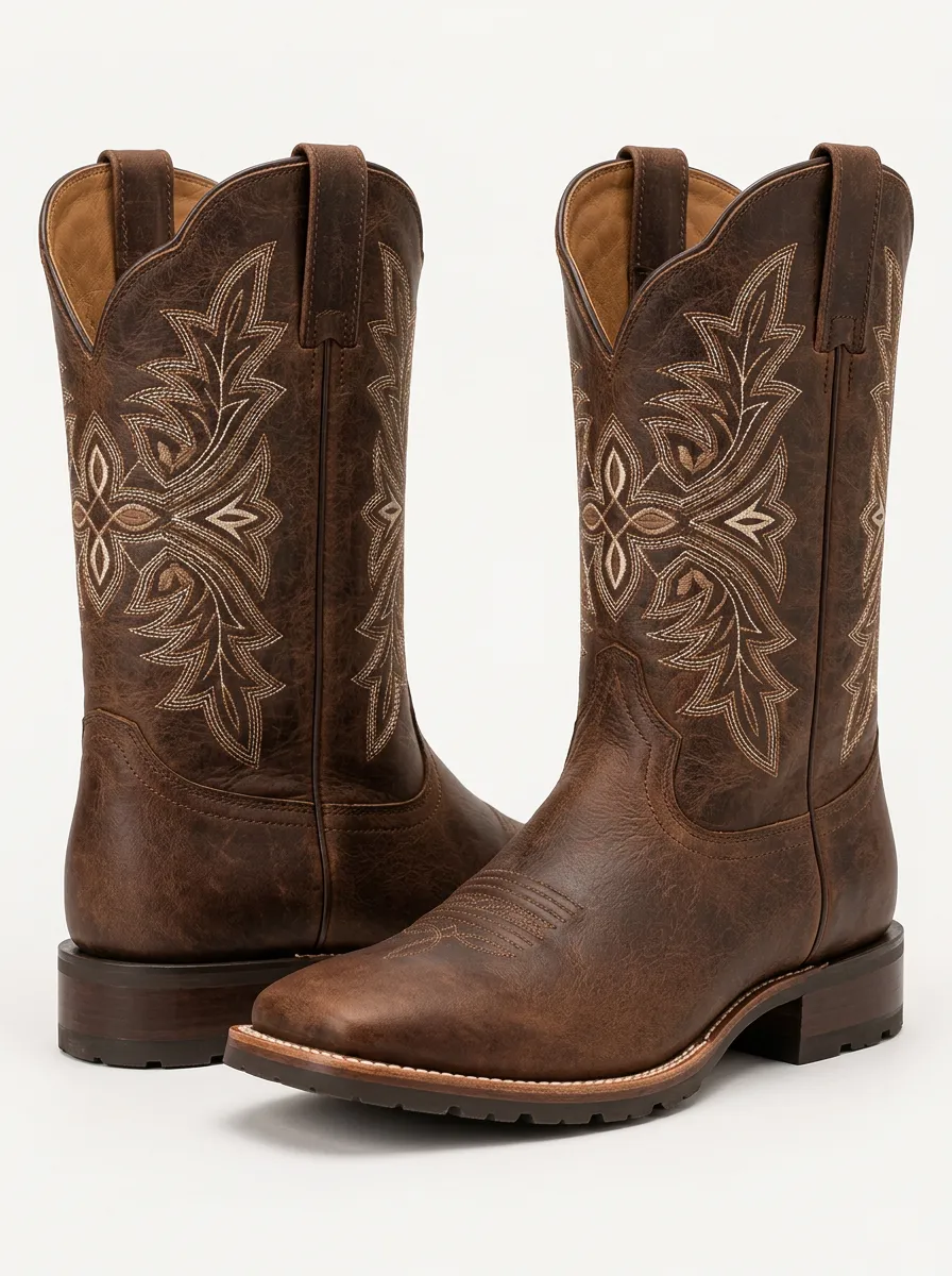 Men's Floral Detail Cowboy Boots in Red