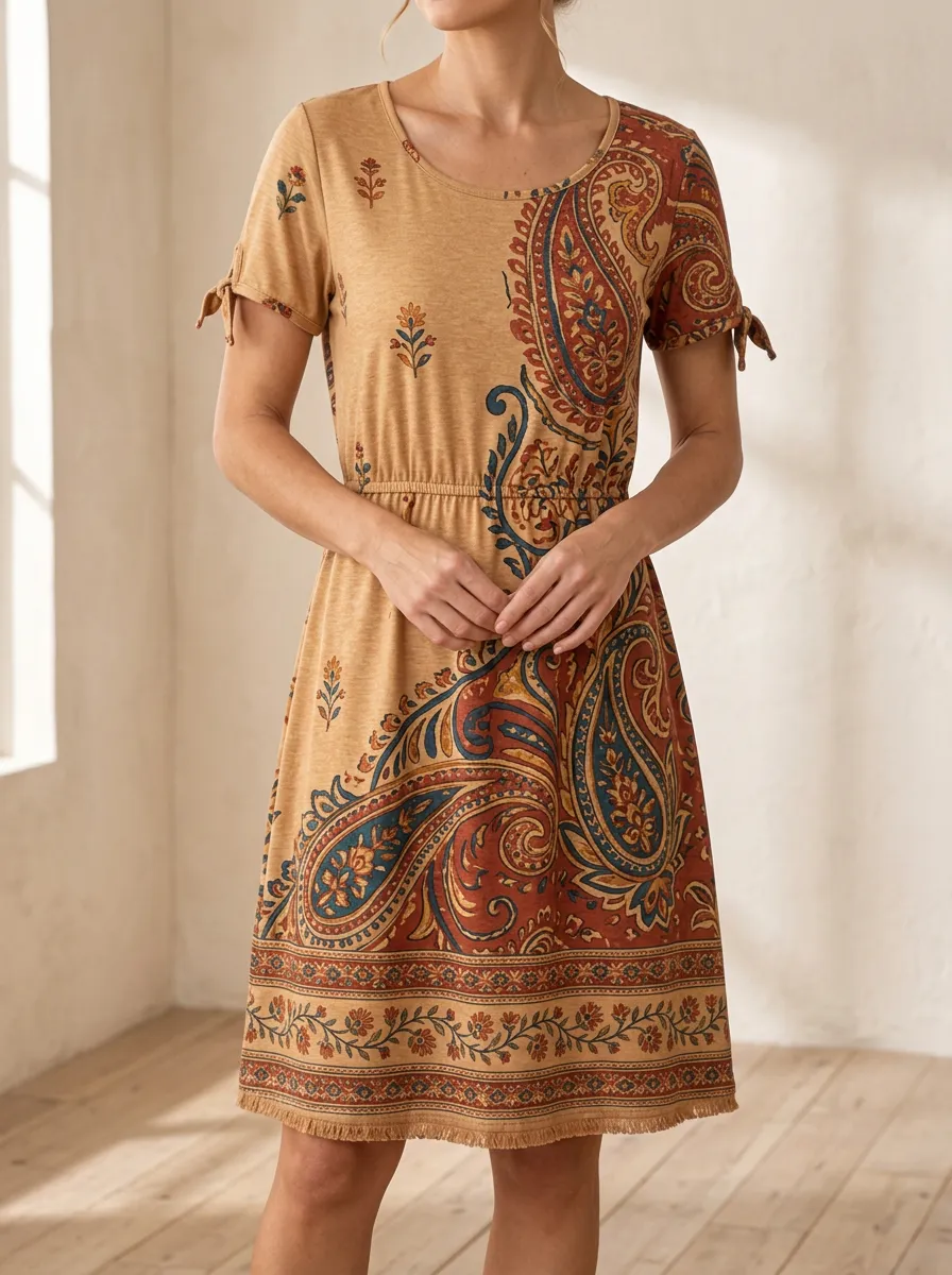Women's Paisley Print Tie-Sleeve Dress