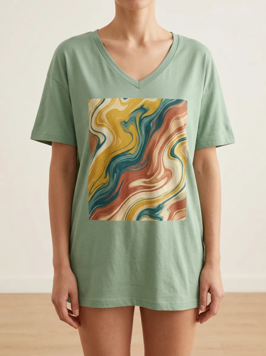 Women's Abstract Art Marble Swirl Printed V-Neck T-Shirt Modern Pattern