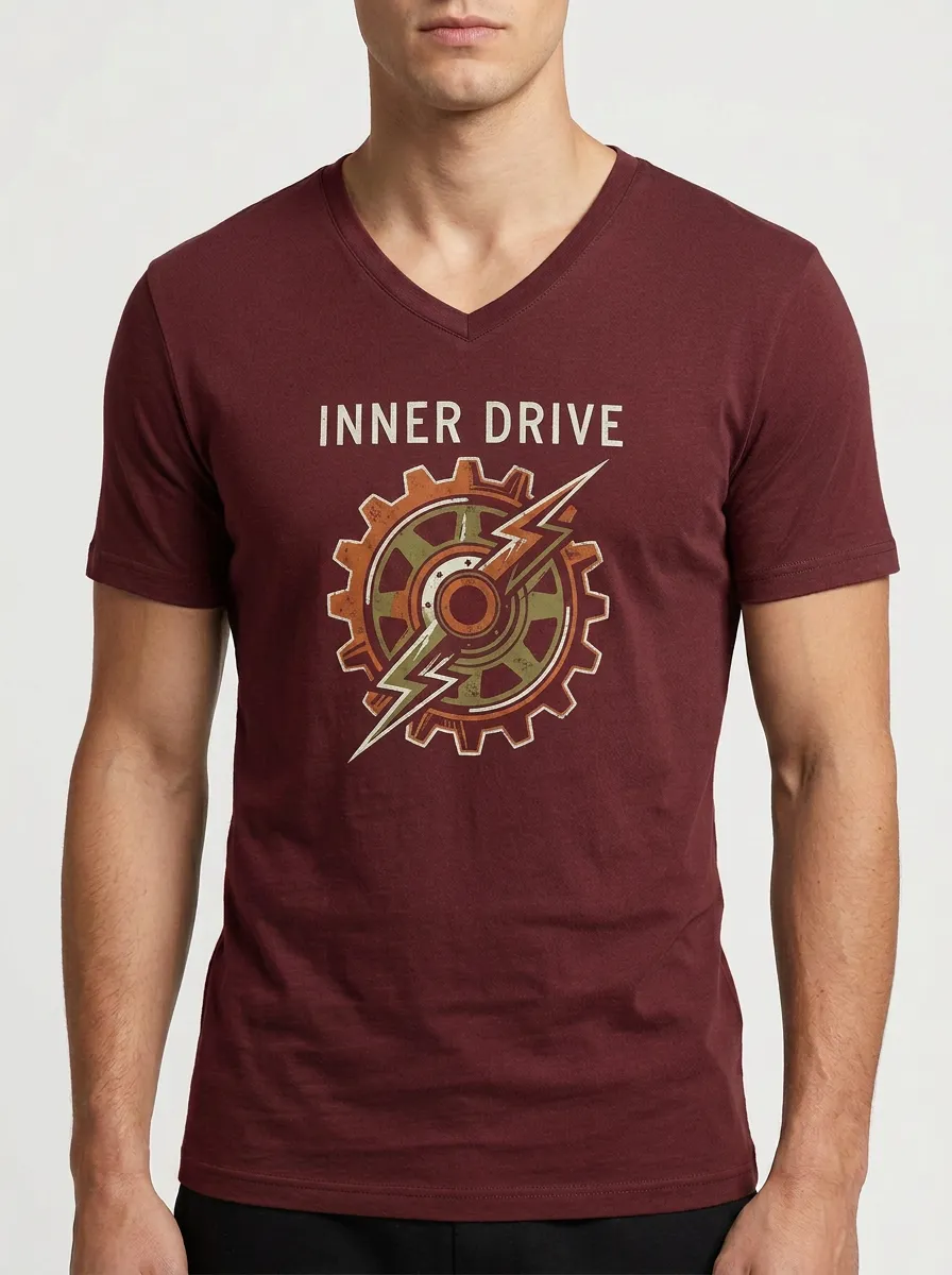 Men's Inner Drive Mechanical Gear Lightning Printed V-Neck T-Shirt
