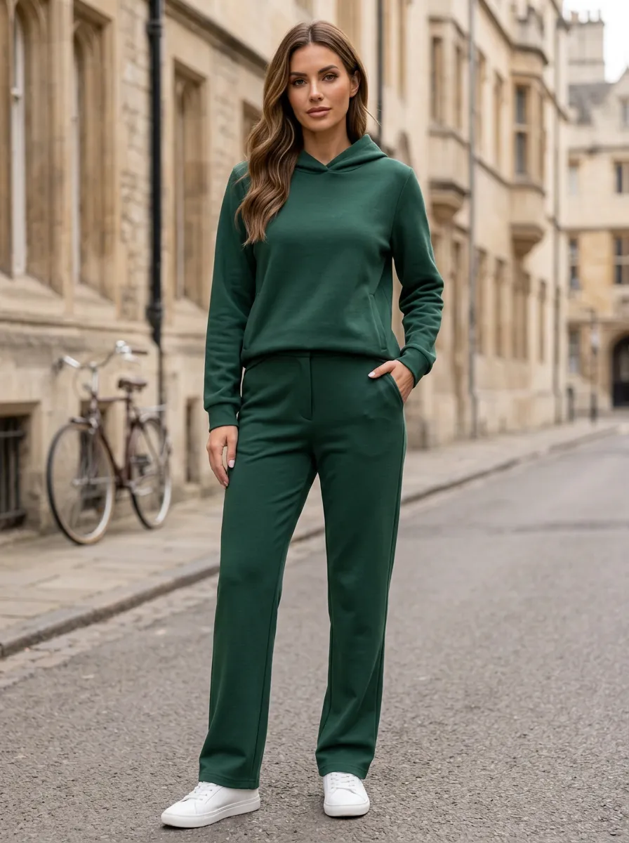 Women's Dark Green Solid Color Hooded Sweatshirt Straight Leg Lounge Set