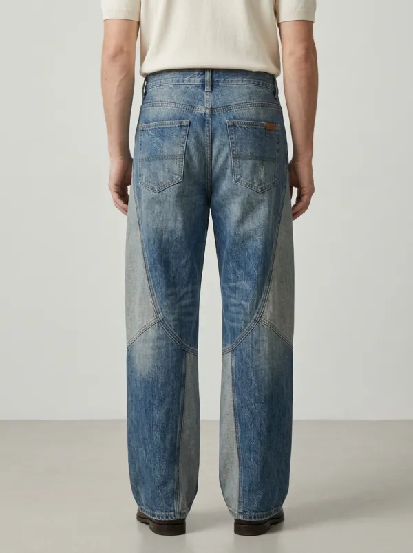 Men's Vintage Wash Paneled Wide Leg Jeans