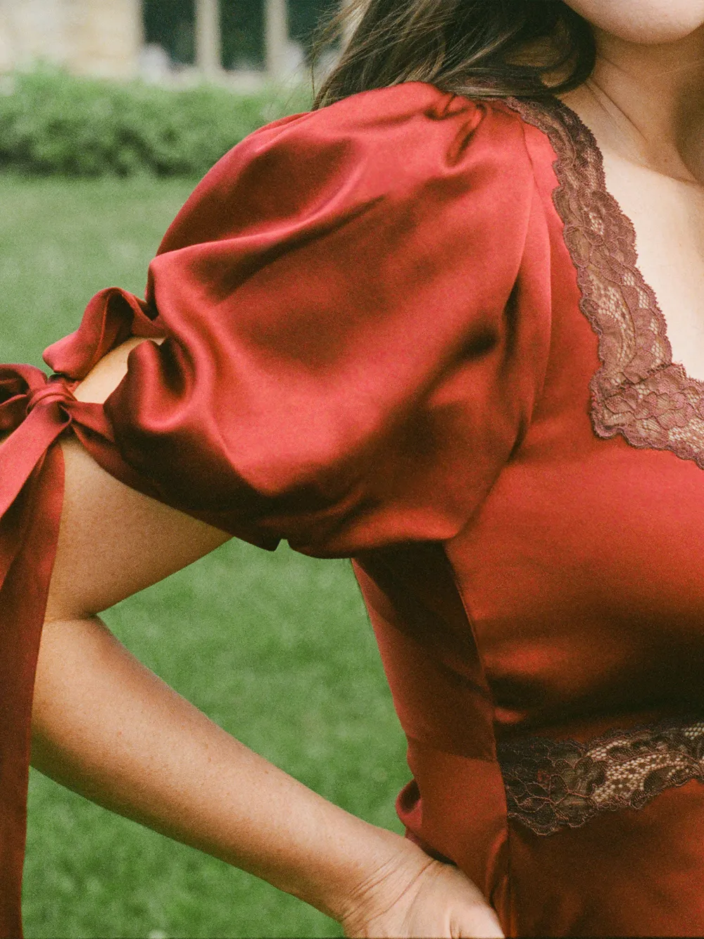 Lace Trimmed Tie Sleeve Silk Midi Dress
