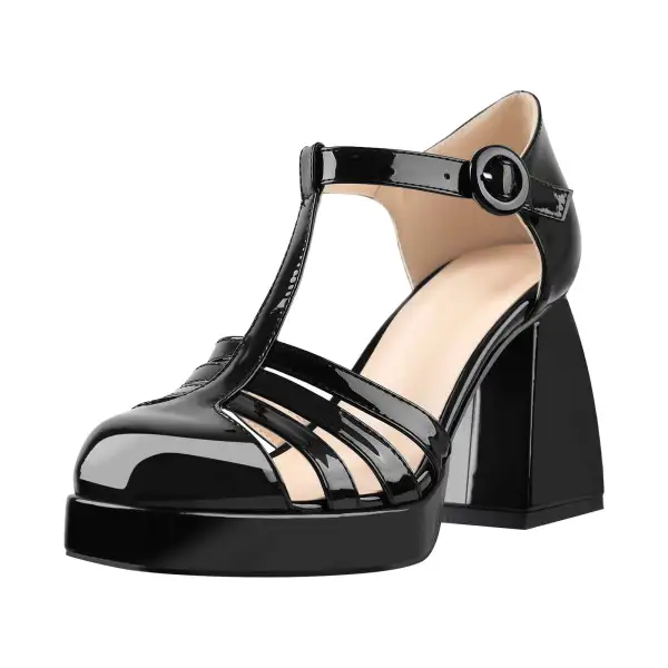 Patent Finish Square Toe Low Platform Chunky Heel Pumps