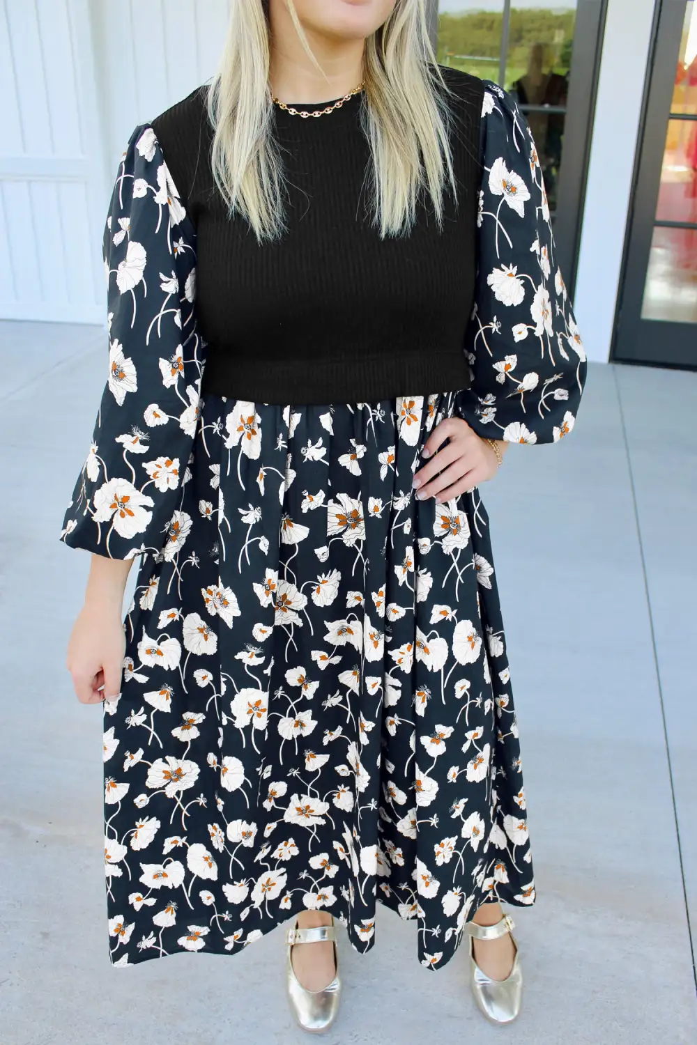 Women's Floral Print Round Neck Long Sleeve Shift Midi Dress