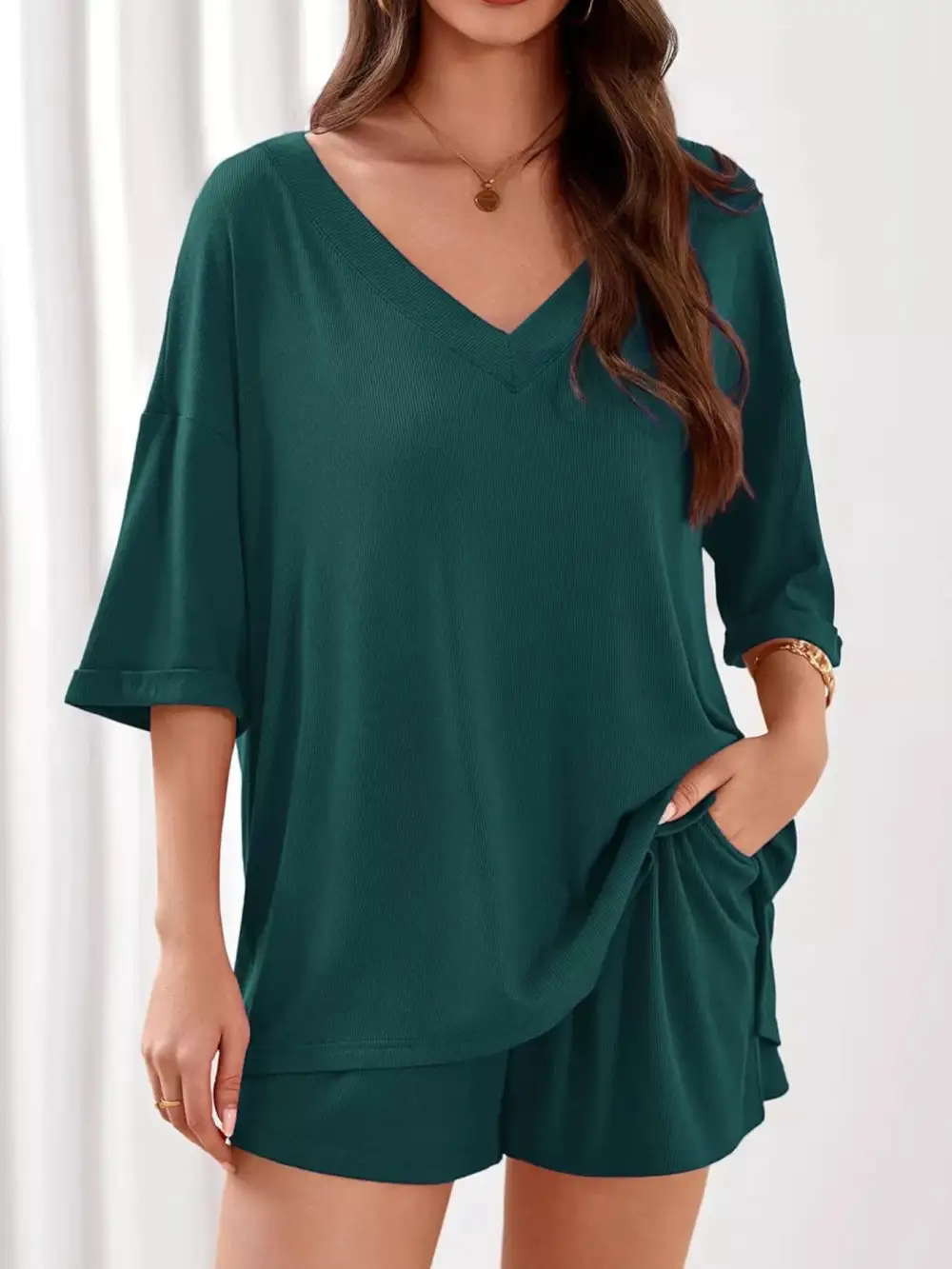 Casual Solid Color V Neck Top and Shorts Set