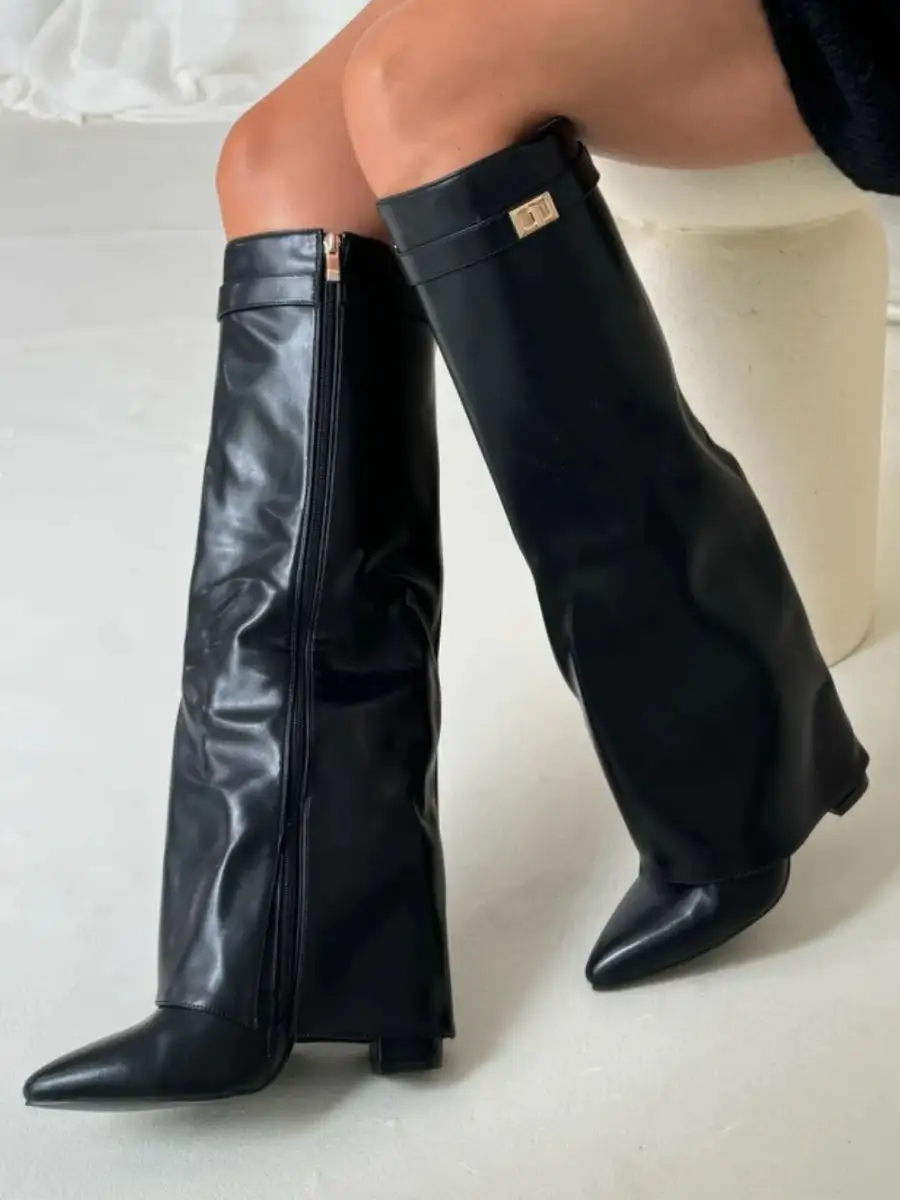 Knee Tall Boots Wide Flare Top Block Heel