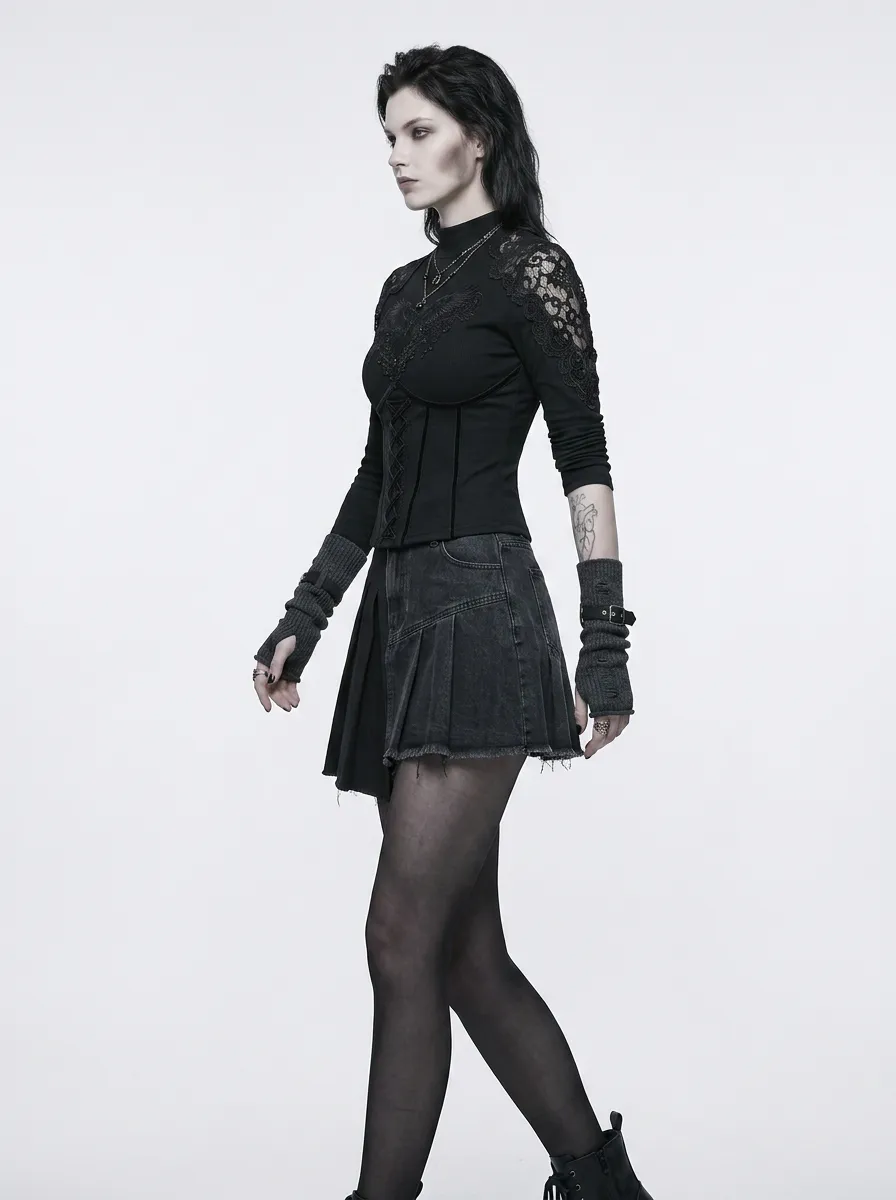 Women's Gothic Raven Embroidery Lace Patchwork Corset Top