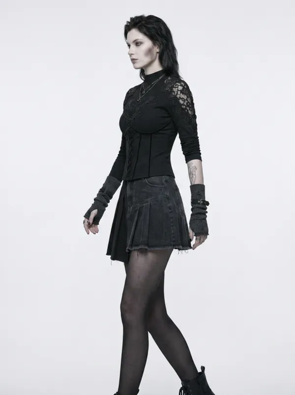 Women's Gothic Raven Embroidery Lace Patchwork Corset Top