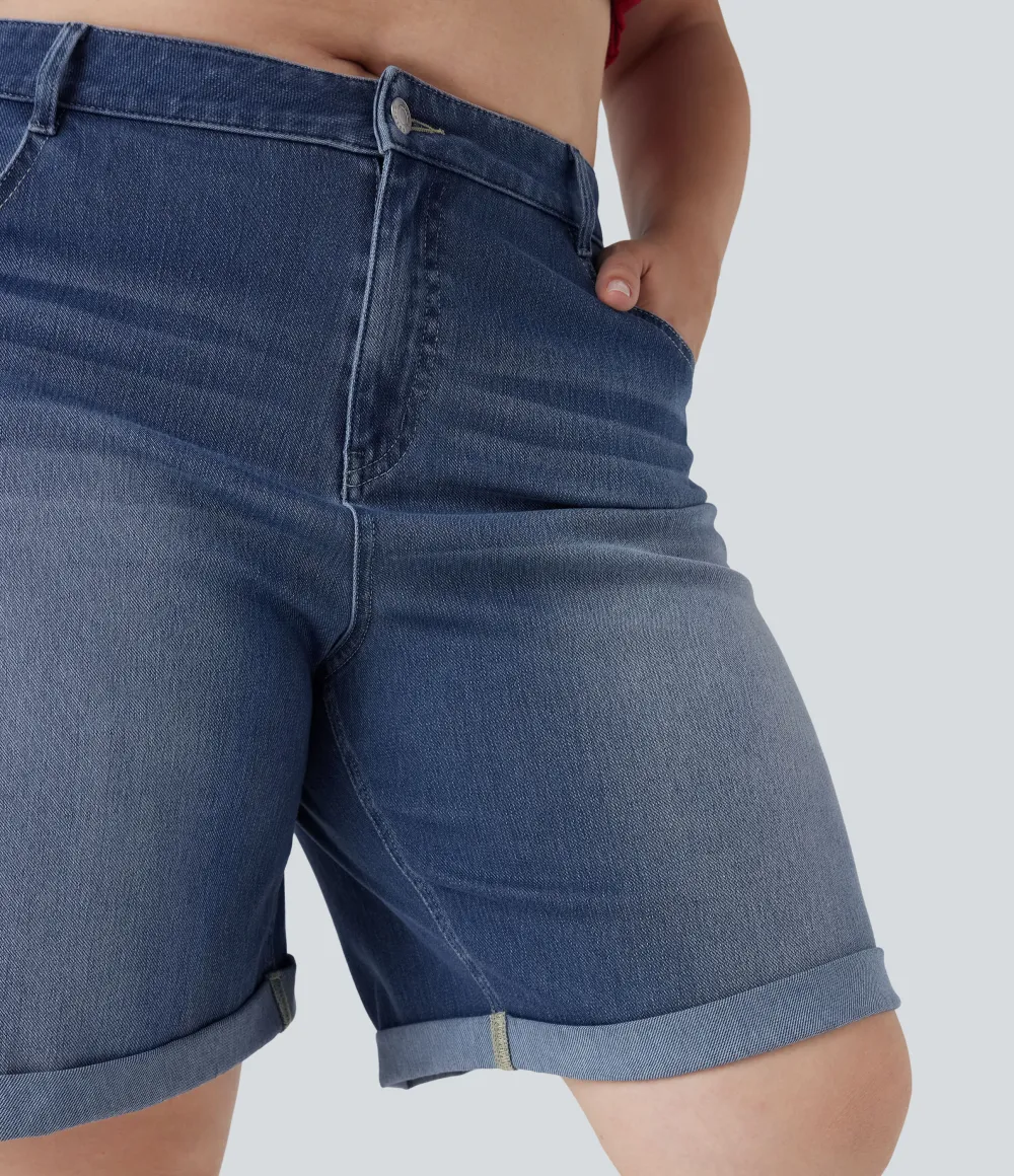  High Waisted Multiple Pockets Rolled Hem Washed Stretchy Knit Denim Casual Plus Size Bermuda Shorts