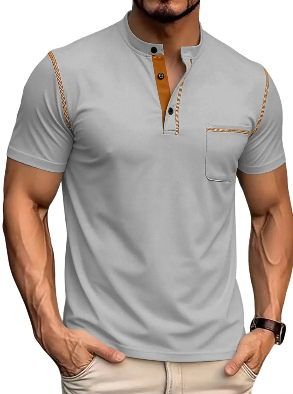 Button Placket Stand Collar Chest Pocket Cotton Polo Shirt