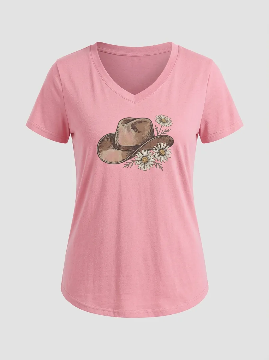 Women's Cowgirl Daisy Graphic V-Neck T-Shirt