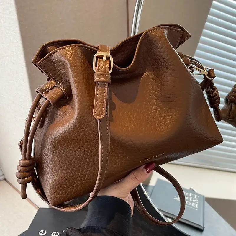 Minimalist Camel Leather Drawstring Shoulder Bag