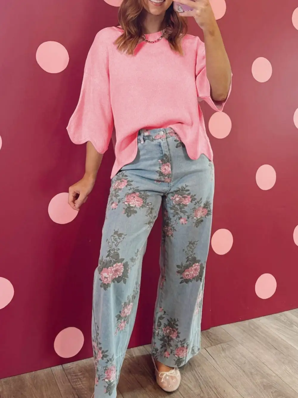 Scalloped Hem 3 4 Sleeve Sweater Top