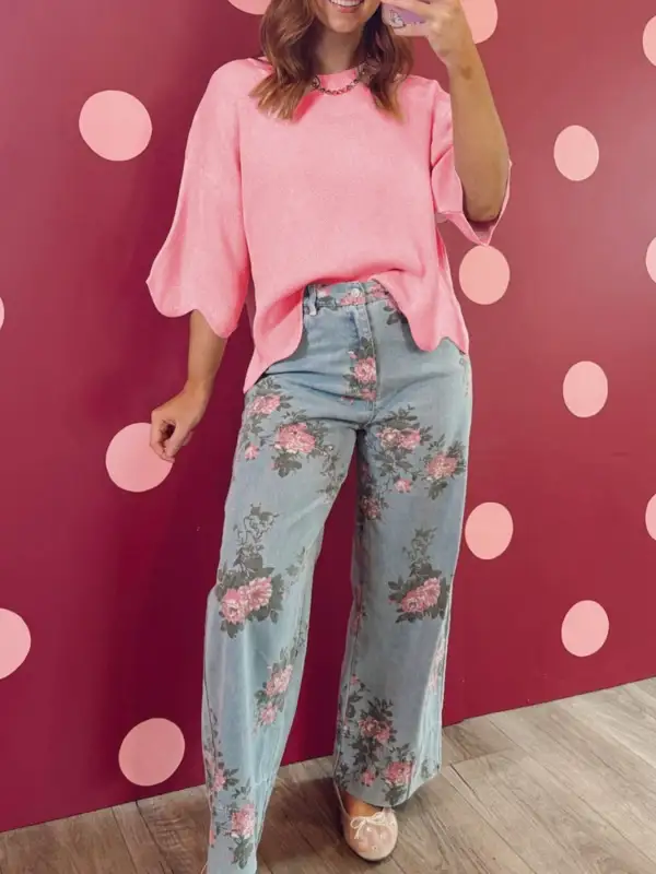 Scalloped Hem 3 4 Sleeve Sweater Top