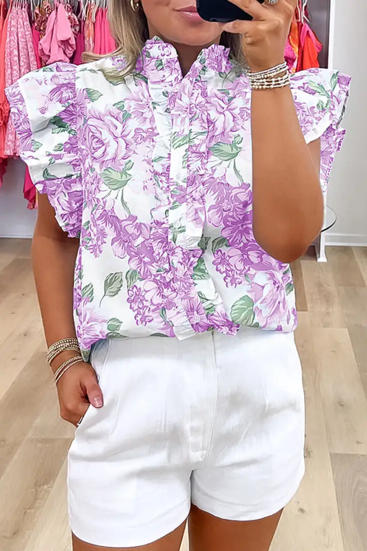 Floral Ruffled Button Front Shirt Blouse
