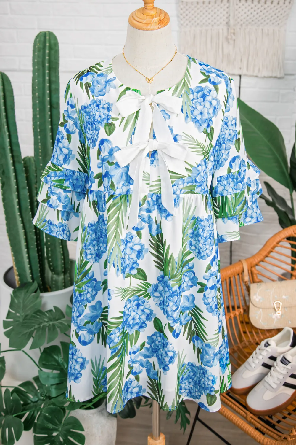 Blue Floral Ribbon Ruffle Dress