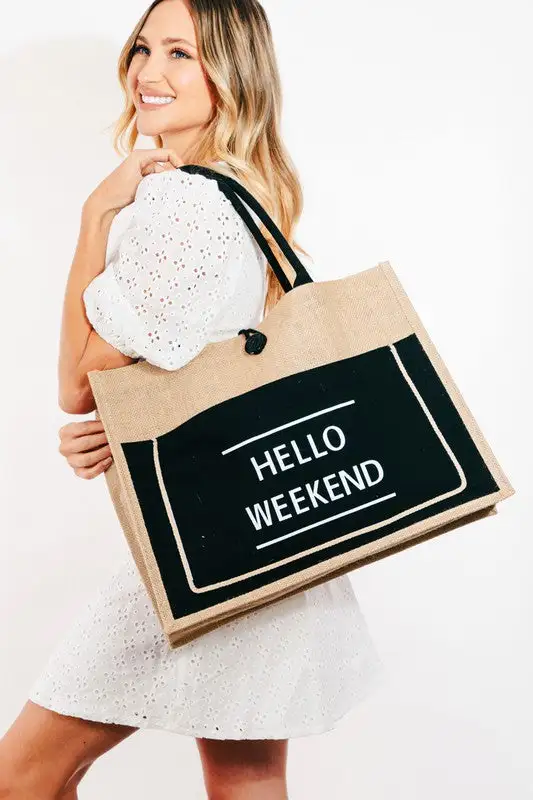 Refined Hello Weekend Burlap Tote Bag