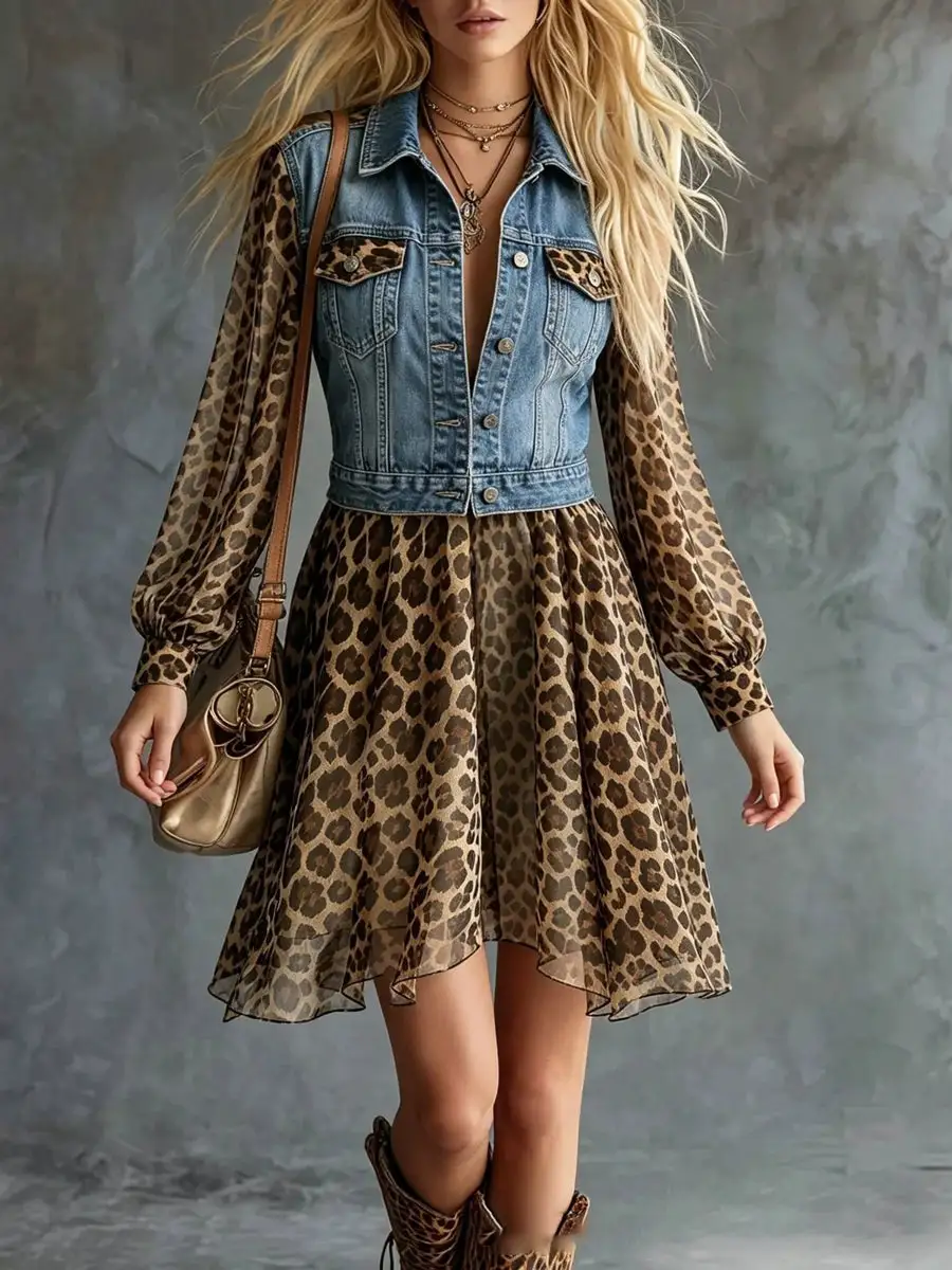 Long Sleeve Relaxed Buttoned Leopard Pocket Split Joint Lapel Mini Dress