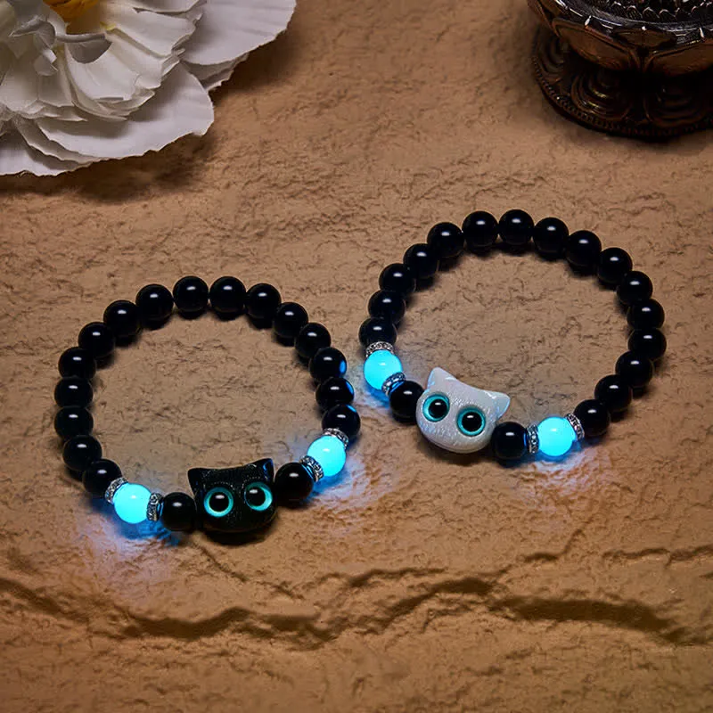 Obsidian Cute Big Eye Cat Beaded Bracelet
