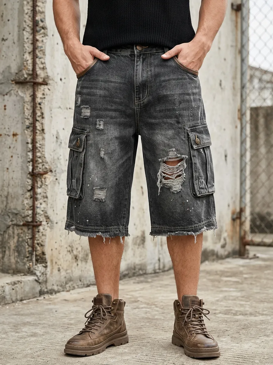 Men's Five Pocket Denim Cargo Denim Shorts