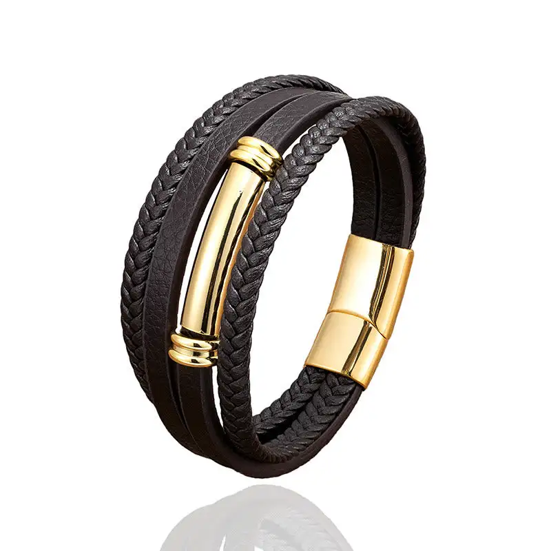 Multi Layered Simple Design Leather Titanium Steel Bracelet