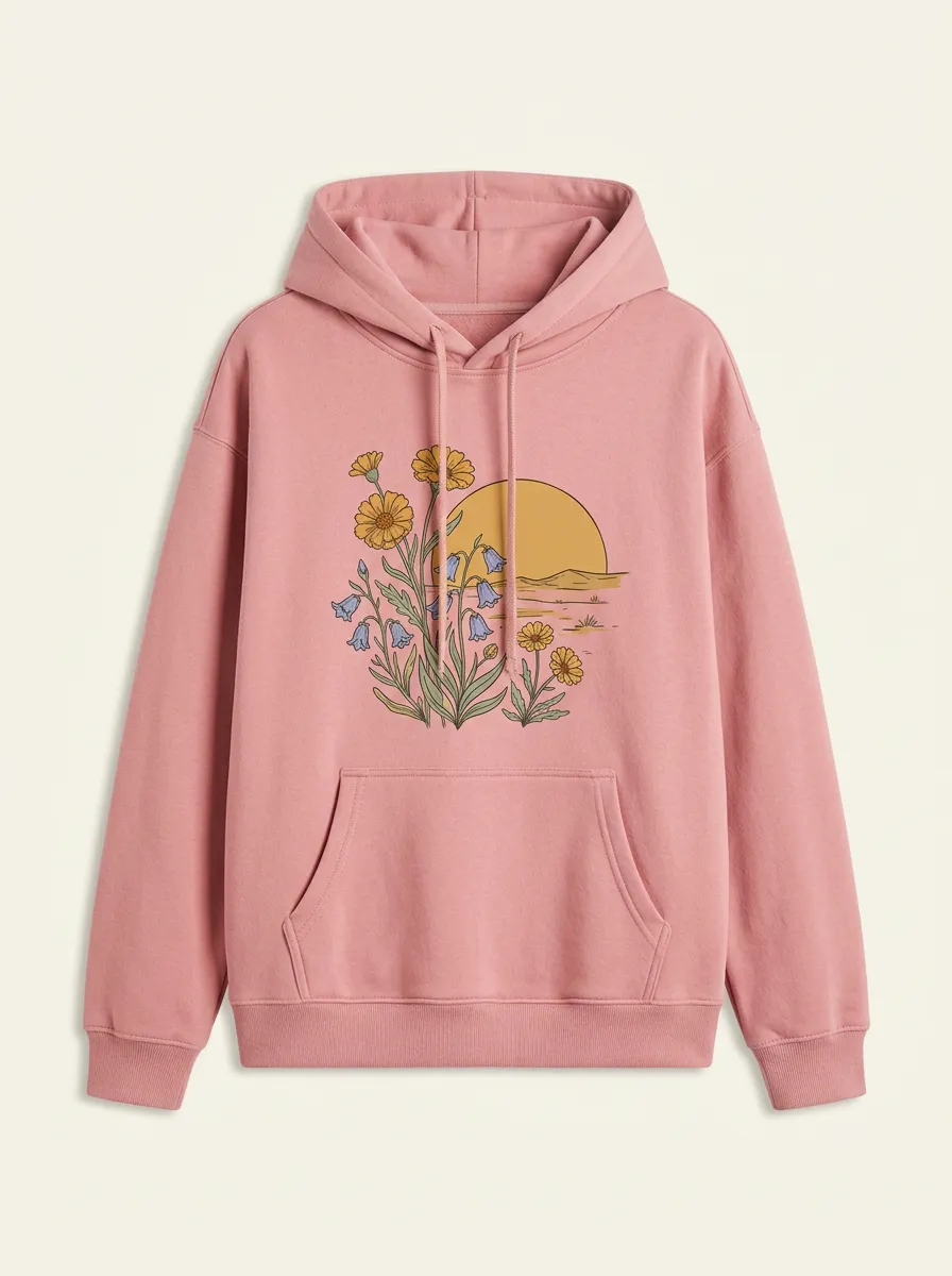 Women's Hooded Drawstring Graphic Floral-Motif Rib-Trim Relaxed-Fit Hoodie