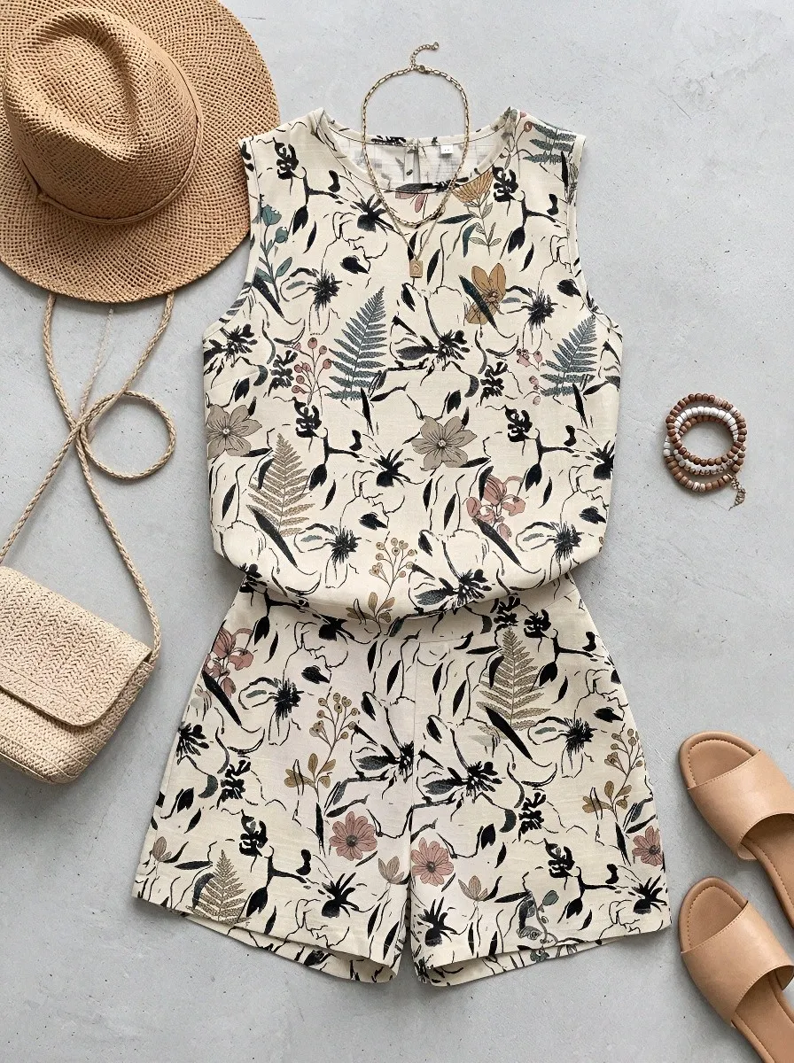 Women's Botanical Floral Fern Printed Sleeveless Shorts Set