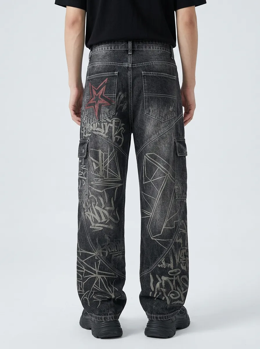 Men's Streetwear Graffiti Star Cargo Detail Jeans
