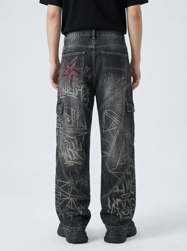 Men's Streetwear Graffiti Star Cargo Detail Jeans