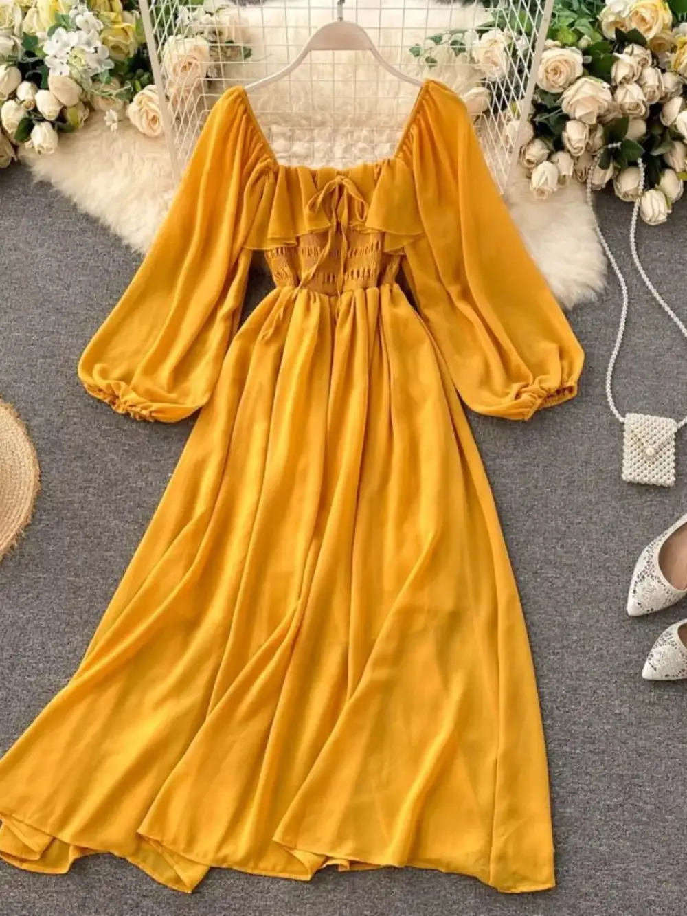 Square Neck Ruffle Dress Casual
