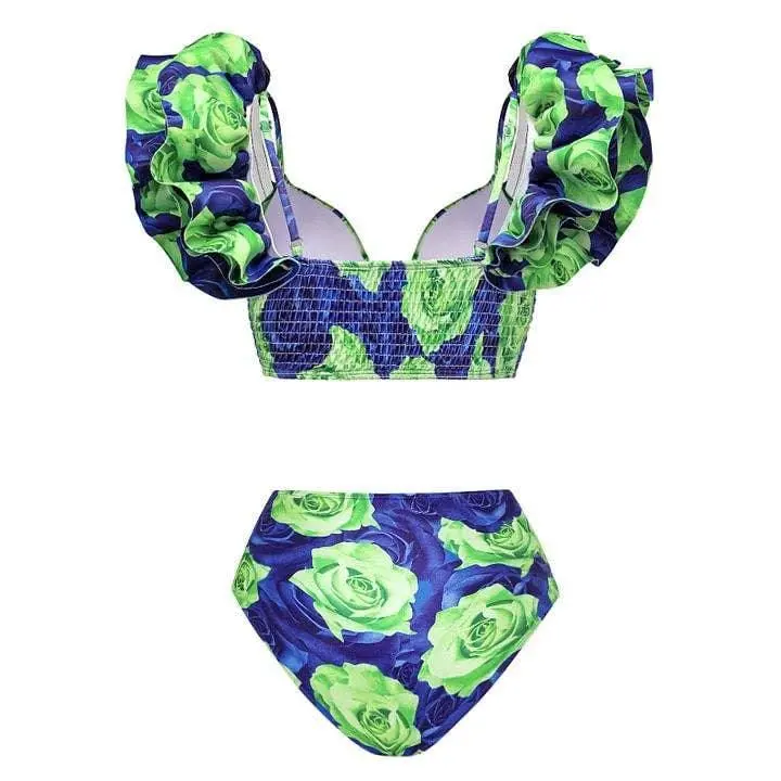 Ruffle Shoulder Two Piece Bikini Set with Skirt/pants Cover